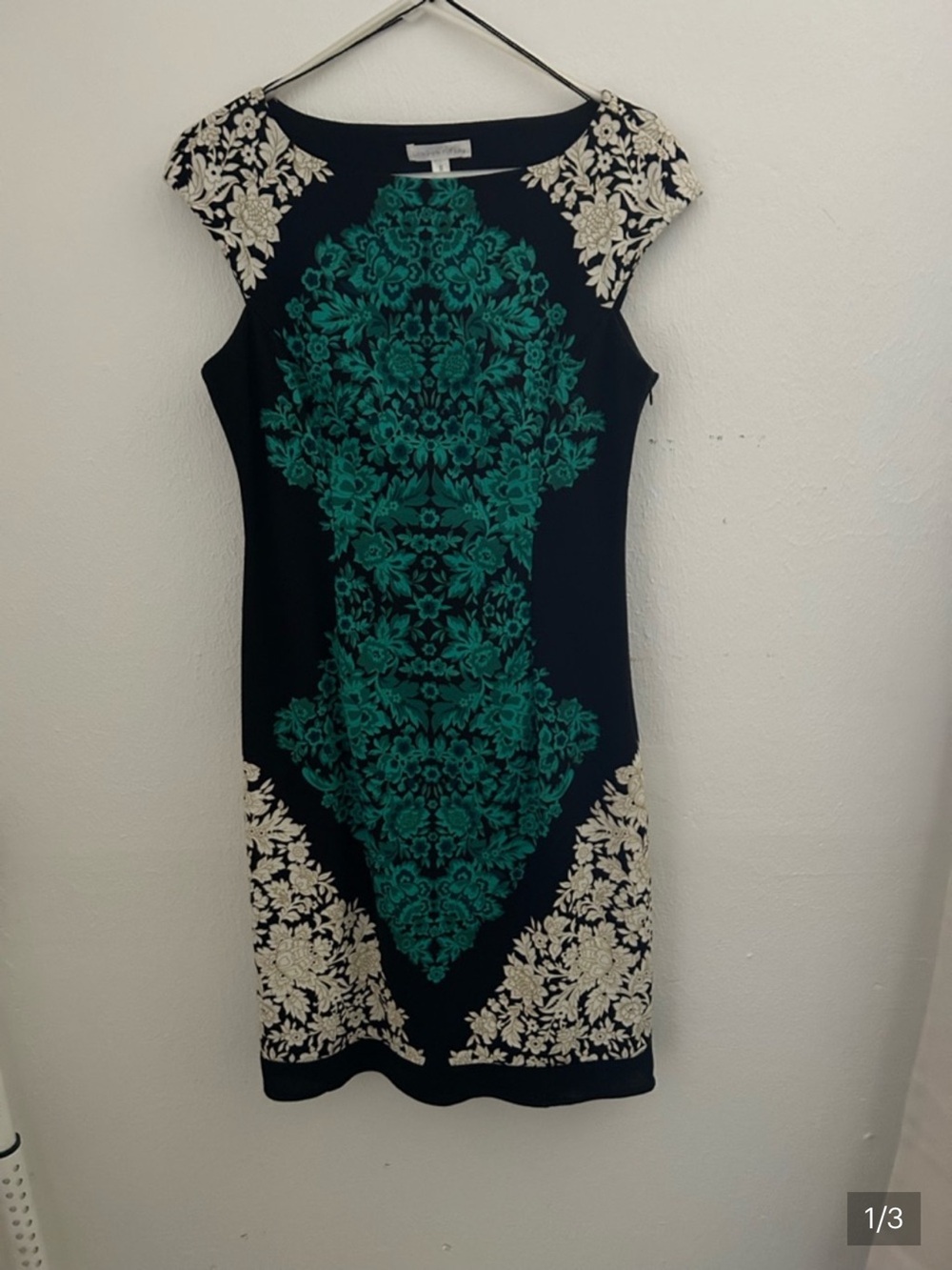 “REASONABLE OFFERS” “LONDON  TIMES”Black Midi Dress Teal Medallion Cream Accents